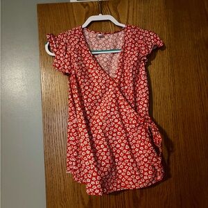 Red Floral Wrap Top